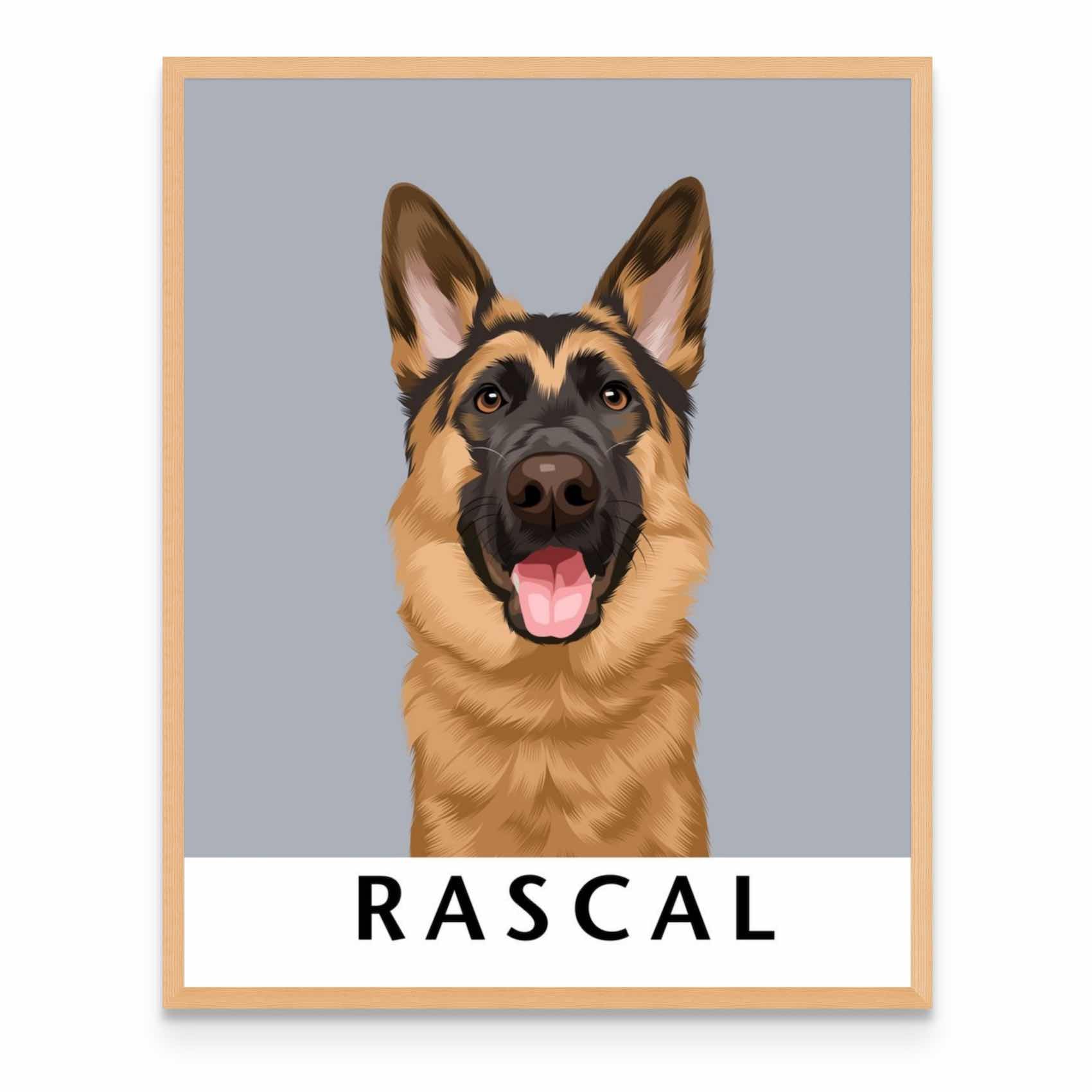 a brown and black dog with the word rascal on it