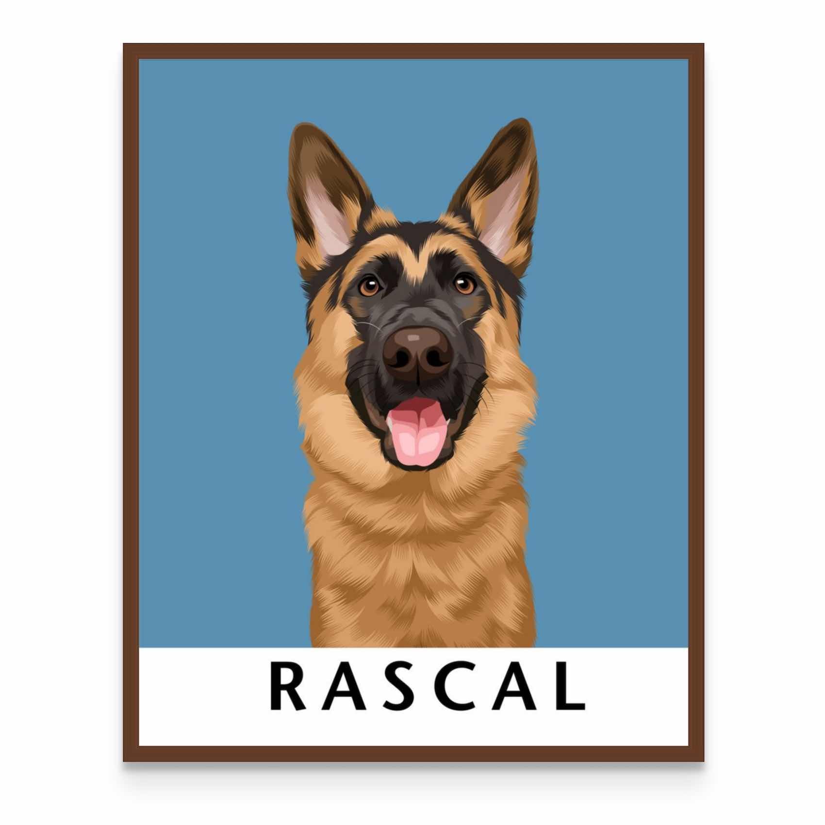 a picture of a dog with the name rascal on it