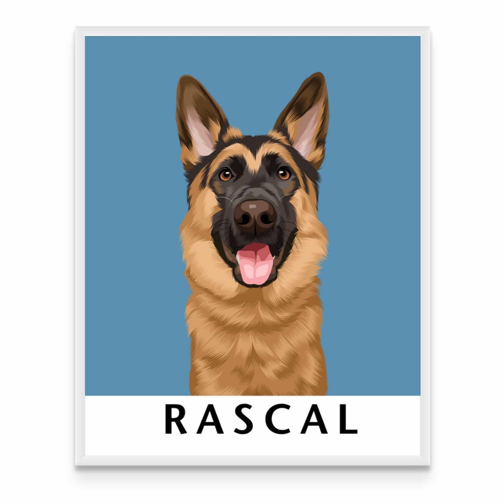 a poster of a german shepard dog with the name rascal