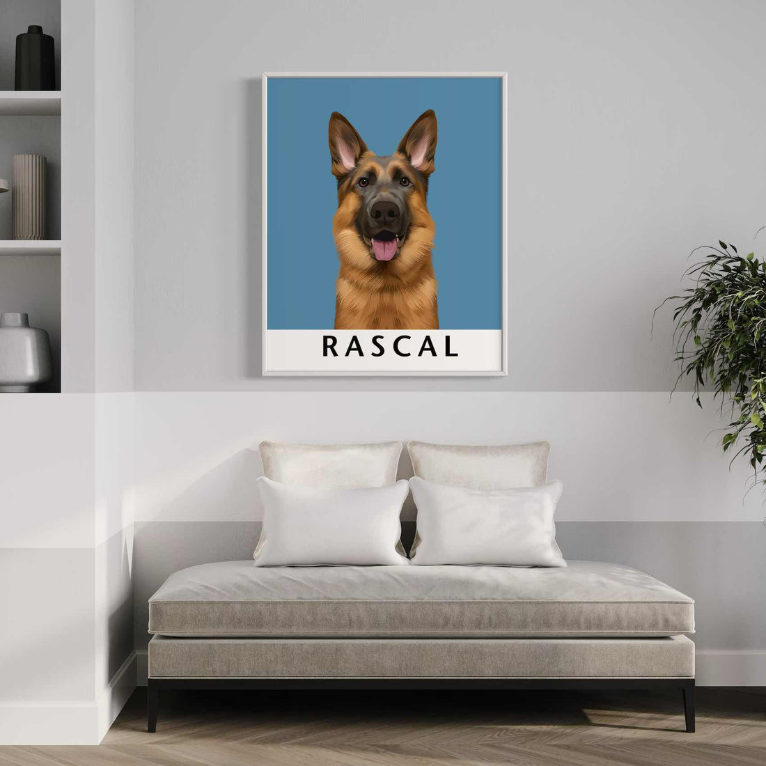 a picture of a german shepard dog on a blue background