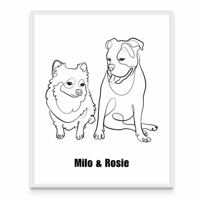 a black and white drawing of two dogs