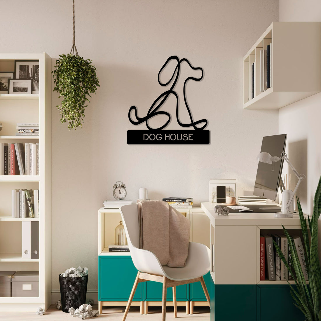 a room with a desk and a chair and a dog house sign on the wall