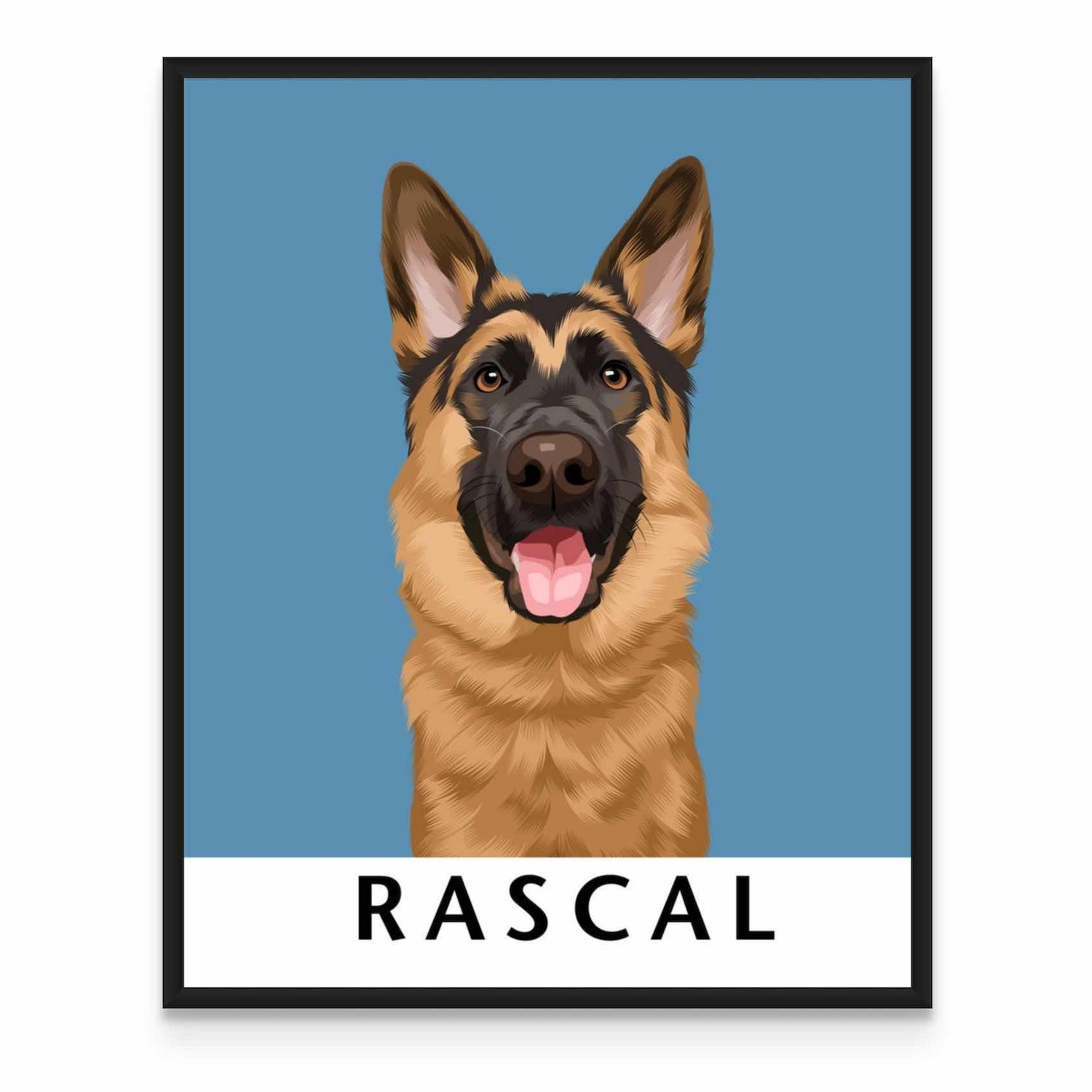 a poster of a german shepard dog with the name rascal