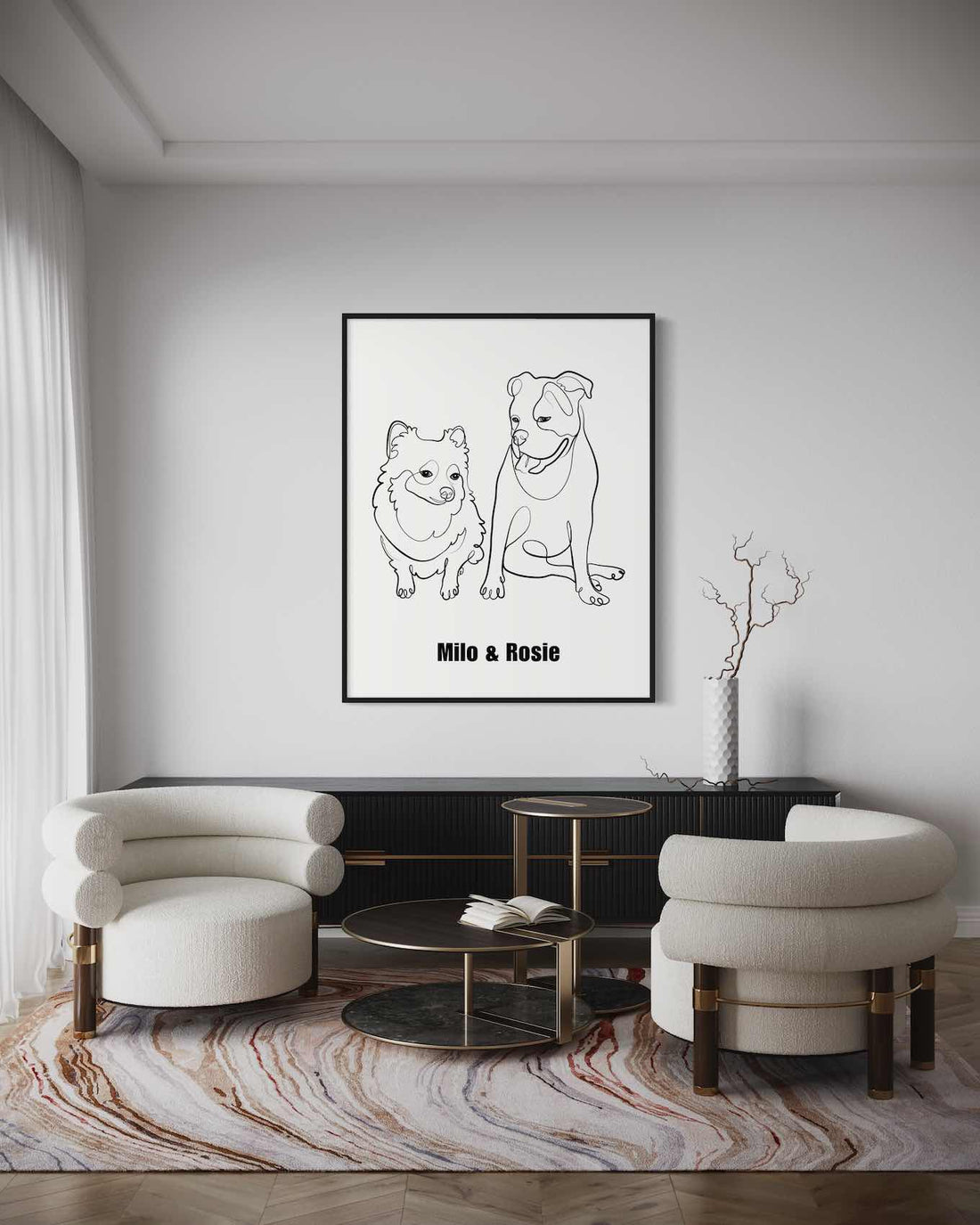 a drawing of a dog and a cat in a living room