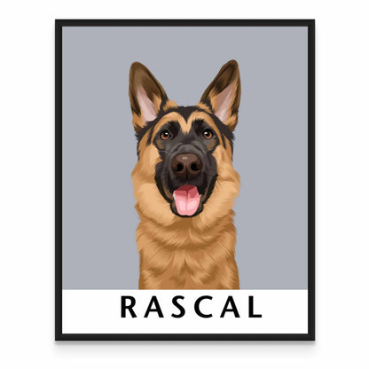 a german shepherd dog is shown in a black frame