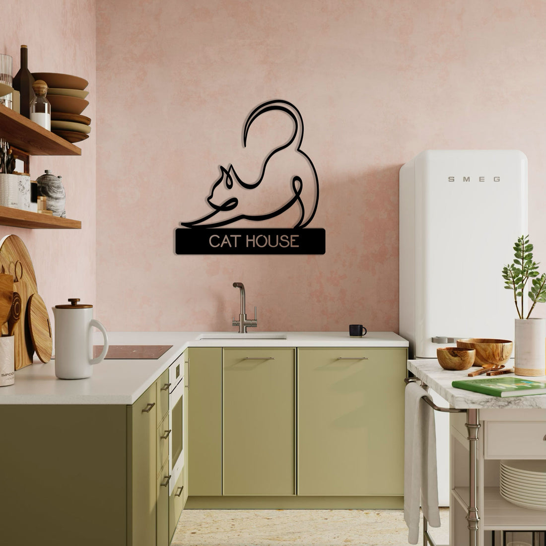 a kitchen with a refrigerator, sink and a cat sign